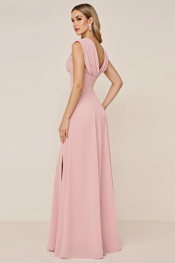 Candy Pink Chiffon Cowl Neck Long Bridesmaid Dress with Slit